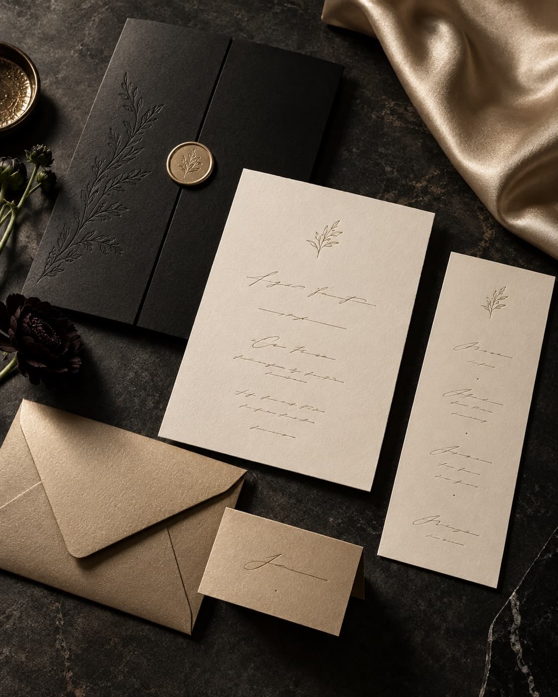 Black-Tie-Kollektion: geprägte Einladung auf mattschwarzer und champagnerfarbener Karte mit goldenem Wachssiegel, dazu Menü-, Namenskarte und goldfarbenes Kuvert.