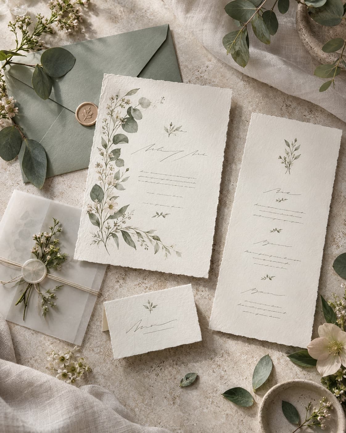 Botanical-Kollektion: Einladung mit gemaltem Eukalyptus- und Blütenzweig, salbeigrünes Kuvert, Transparentpapier-Verpackung mit echten Trockenblumen.