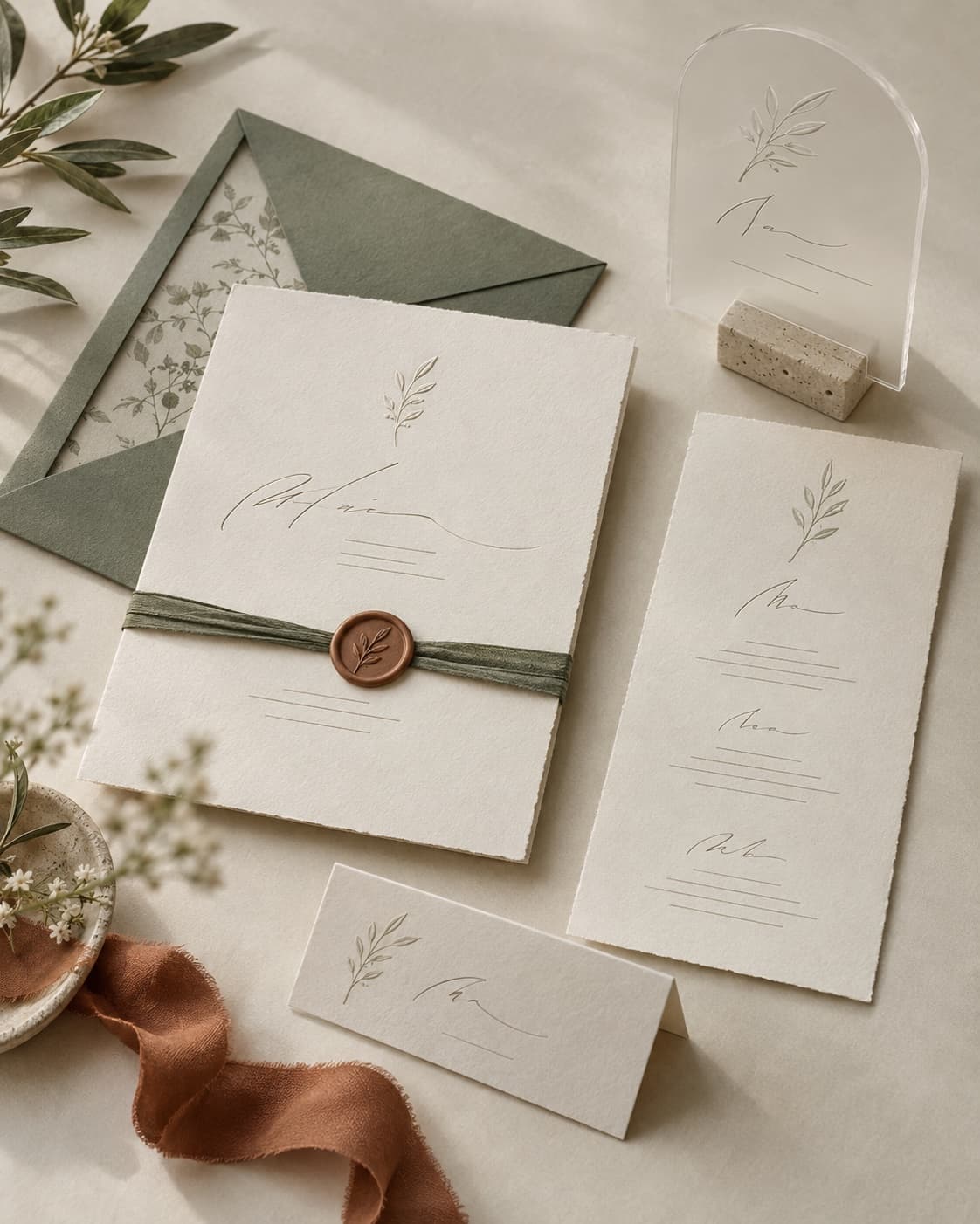 Modern-Elegance-Kollektion: cremefarbene Einladung mit zartem Zweigmotiv, Wachssiegel in Salbeigrün, Menü- und Namenskarte sowie Acryl-Tischnummer.