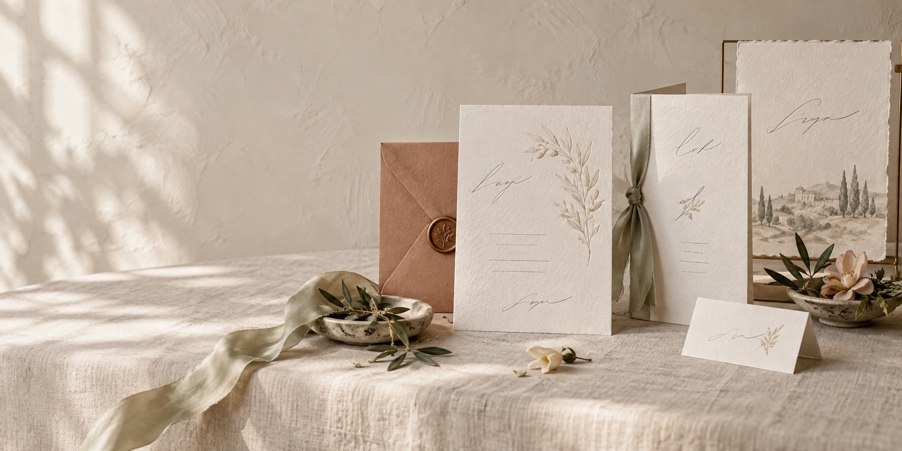 Zusammengehörige Hochzeitspapeterie-Kollektion auf einem Leinentisch: Einladungskarte mit Zweigmotiv, Menükarte, Namenskarte, Wachssiegel-Kuvert und Willkommensschild im Hintergrund.