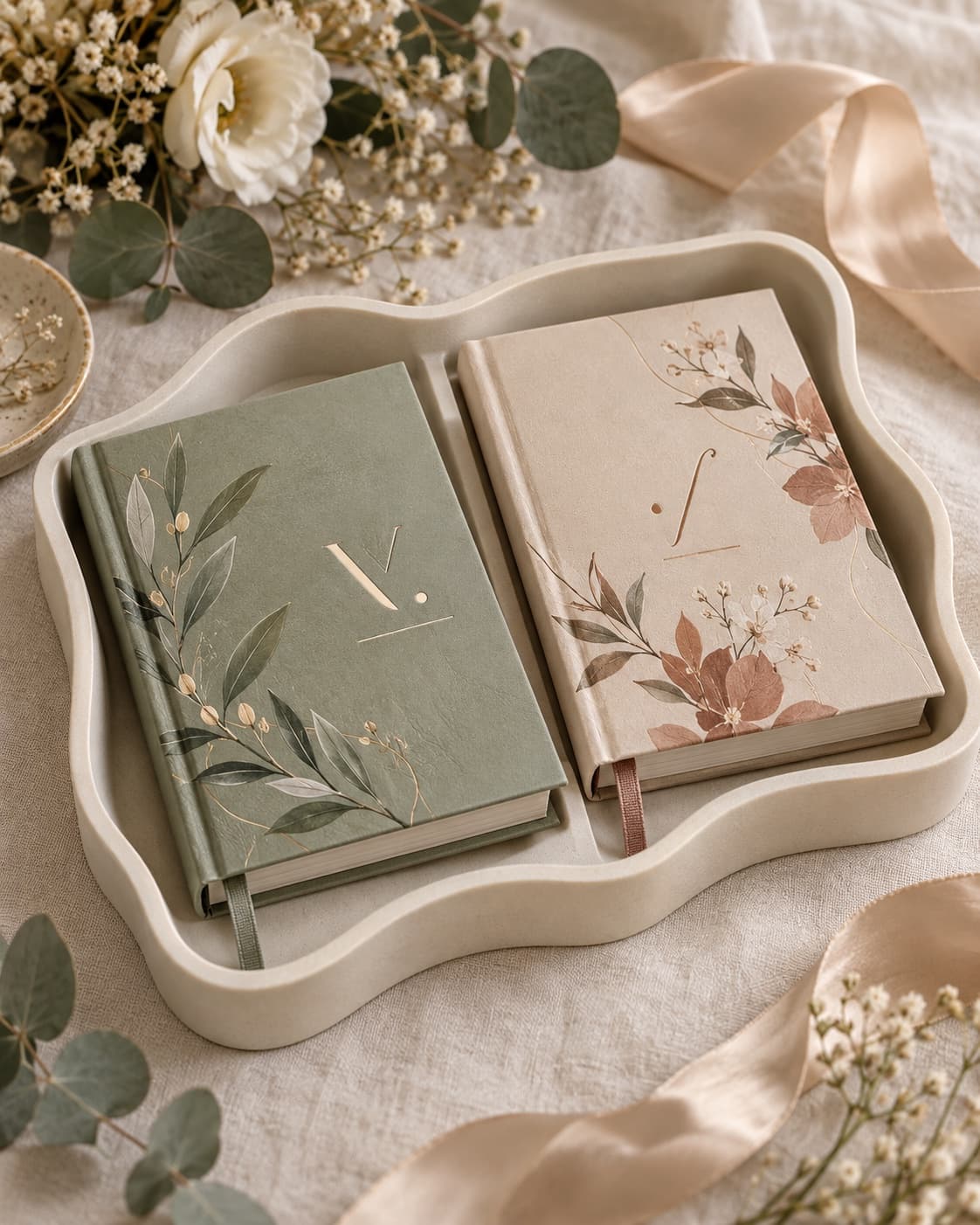 Zwei gebundene Bücher in Salbeigrün und Beige mit floralen Cover-Motiven und Monogramm, nebeneinander in einer geschwungenen hellen Ablageschale.