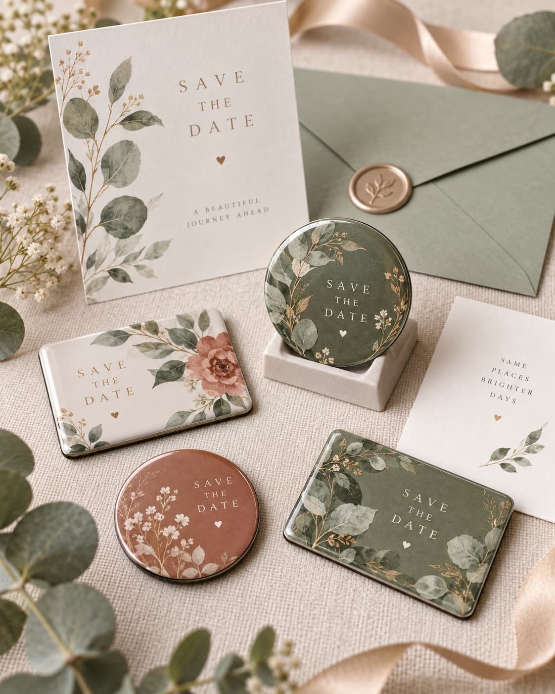 Mehrere runde und rechteckige Save-the-Date-Magnete mit floralen Motiven in Grün, Terrakotta und Creme, daneben eine passende Papierkarte und ein Umschlag mit Wachssiegel.