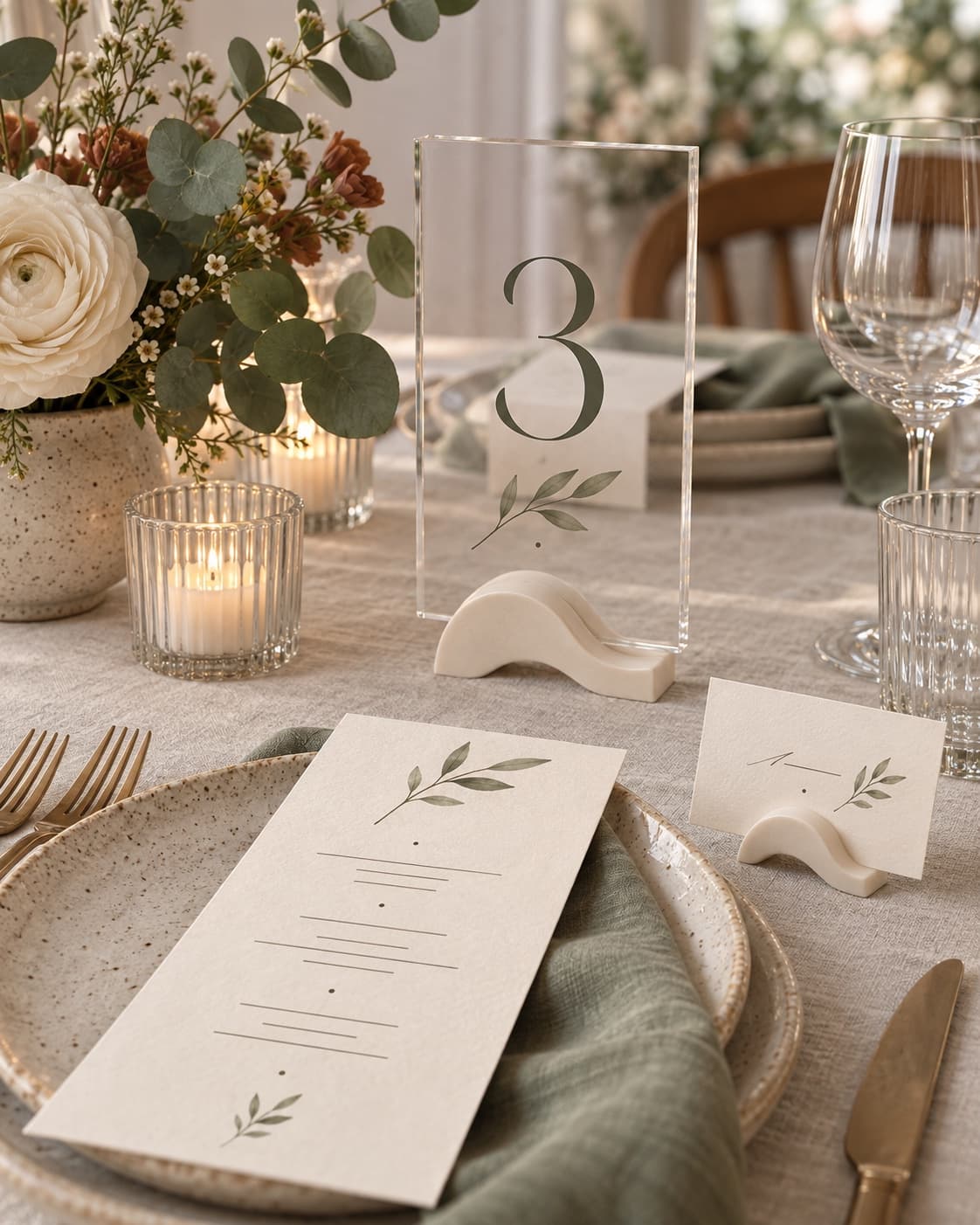 Gedeckter Hochzeitstisch mit Acryl-Tischnummer '3', Menükarte mit Eukalyptusmotiv und Namenskarte, umgeben von Kerzen und Blumen.
